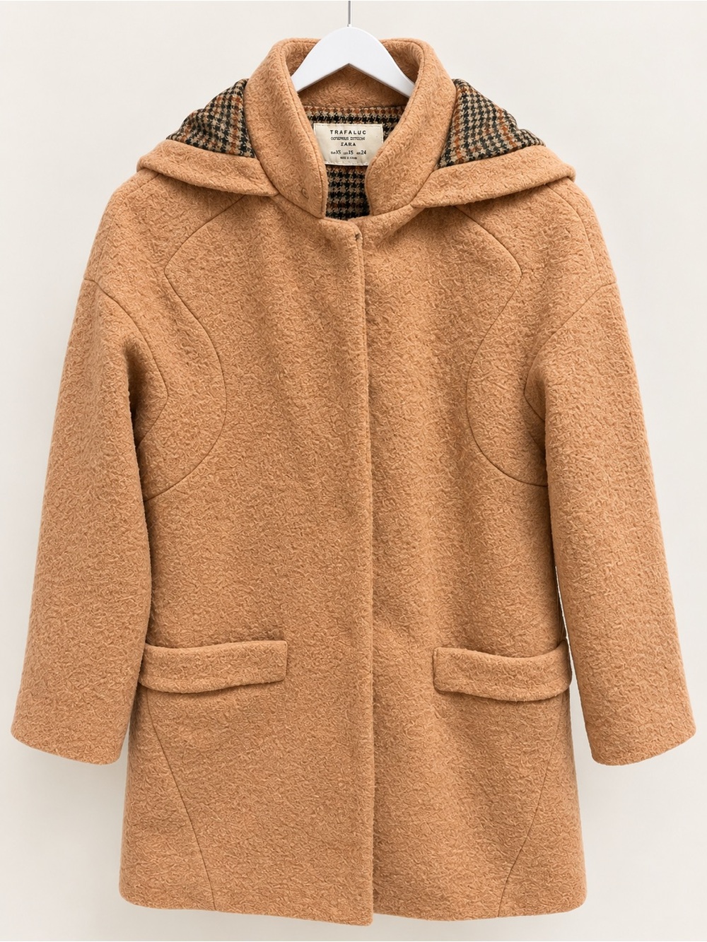 Zara Trafaluc Camel Hooded Coat Plaid Lined XS